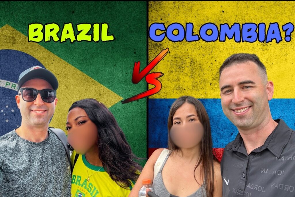 Featured image for article comparing Brazil vs Colombia, and which is better for to meet and date women. Picture of Me (Eric) with a girlfriend in Brazil, and me with a different girlfriend in Colombia. Background of Brazil flag, and Colombia flag, with "vs".