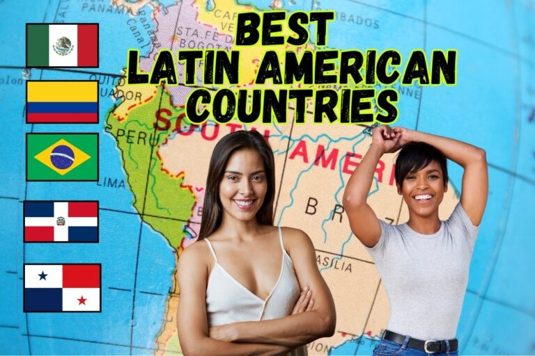 Featured image for article about the best Latin American countries for dating beautiful women. Image of two beautiful Latin women with a background of a South American map, with text "Best Latin American Countries", and flags of Colombia, Mexico, Dominican Republic, Panama, and Brazil.