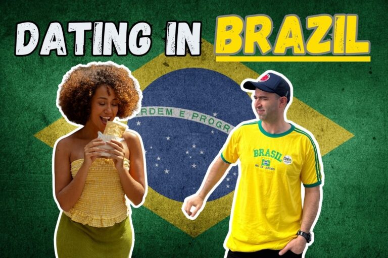 Feature image for blog article about dating in brazil. Eric James, attractive Brazilian woman, and text "Dating In Brazil."
