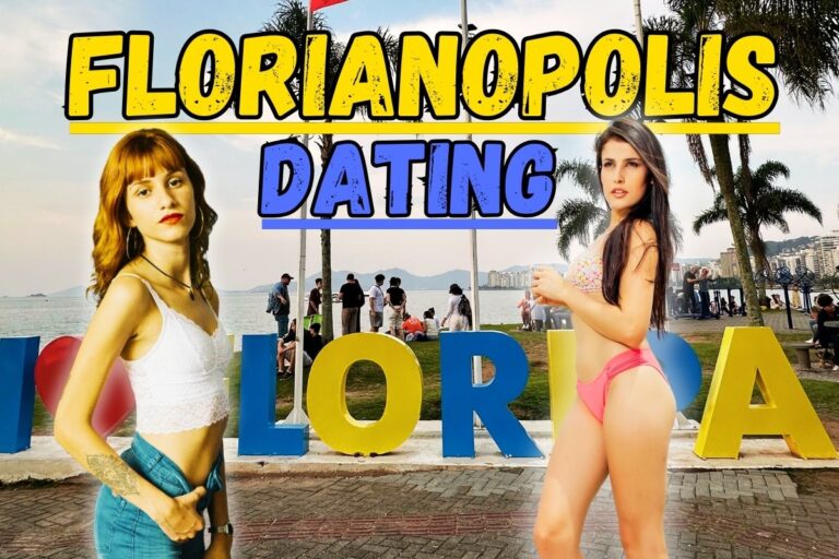 Featured image for article about dating in Florianopolis. Image of two beautiful Brazilian women, background of the famous "Floripa" landmark in Florianopolis, text "Florianopolis Dating".