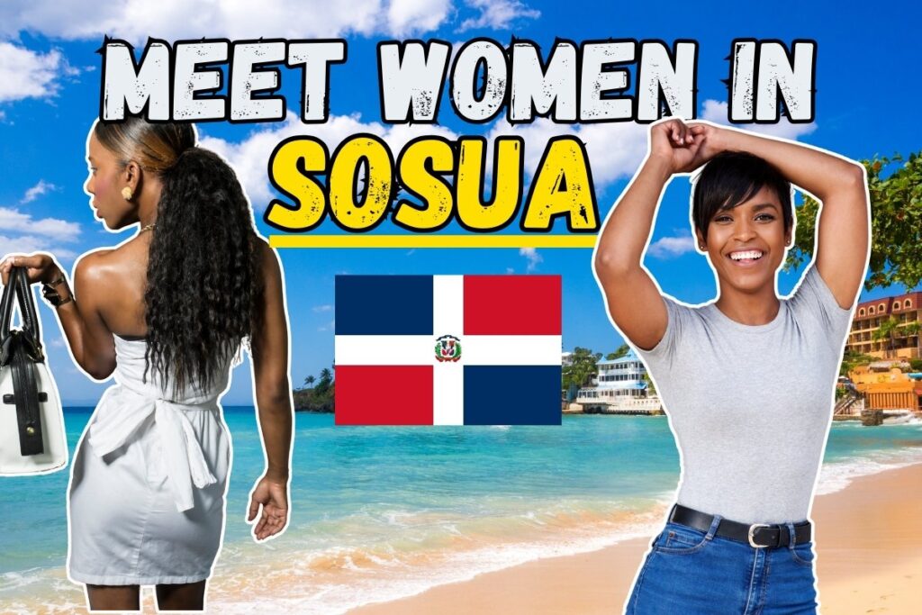 Featured image for article about how foreigners can meet women in Sosua, Dominican Republic. Image of two hot Dominican women, with text "Meet Women In Sosua", with background of Sosua beach.