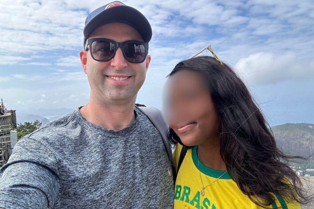 Interracial relationship with a white American man and a sexy black Brazilian woman.