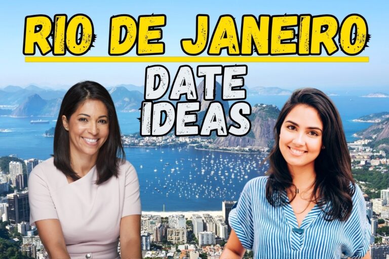 Featured image for article about romantic date ideas in Rio de Janeiro. Image of two pretty Brazilian women with a background of Rio de Janeiro, with text "Rio de Janeiro Date Ideas".