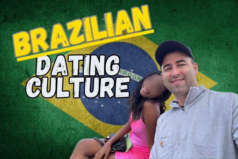 Featured image for article about understanding Brazilian dating culture for foreign men. Picture of me with beautiful Brazilian woman, with a background of Brazil flag, with text "Brazilian Dating Culture"