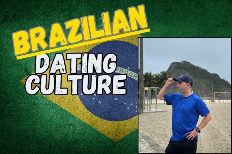 Featured image for article Brazilian Dating Culture. Eric James staring at the text "Brazilian Dating Culture."