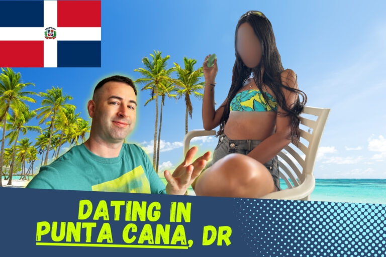 Featured image for article on Dating In Punta Cana, Dominican Republic. Image has: Me (Eric James), with beautiful Dominican woman, flag of Dominican Republic, and background of DR white sandy beach.