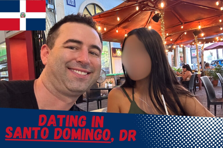 Featured image for article about Dating Women In Santo Domingo, Dominican Republic. Image has me (Eric James) with beautiful Dominican woman on a date with face blurred, Dominican flag, with text "Datin In Santo Domingo, DR".