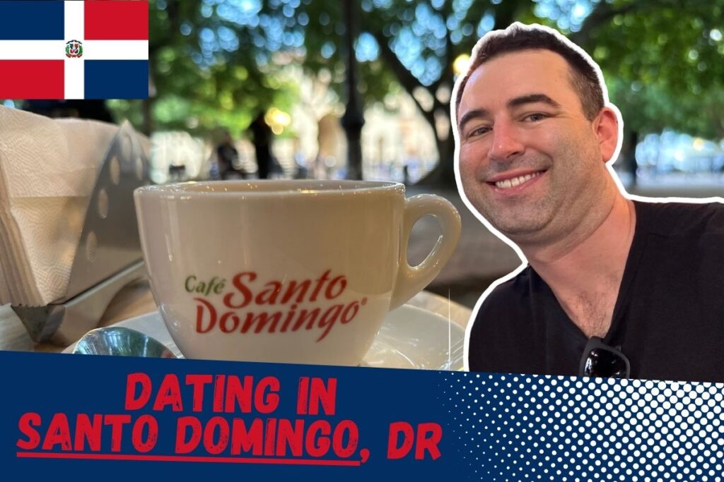 Featured image for Dating in Santo Domingo guide. Has pic of tourist in Zona Colonial cafe.