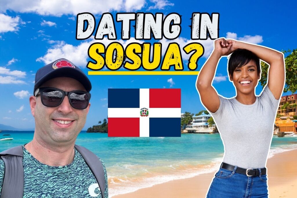 Featured image for Dating in Sosua Guide, with American man smiling next to Dominican woman with Sosua beach in the background.