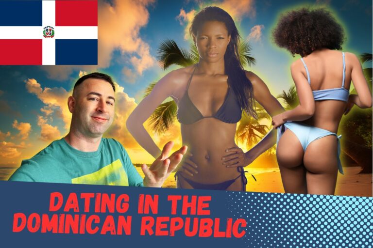 Featured image for article about dating in the dominican republic guide for expats. Image has flag of DR, two beautiful Dominican women, Eric James (me), and the text "Dating In The Dominican Republic", with a background of a beautiful beach at sunset.