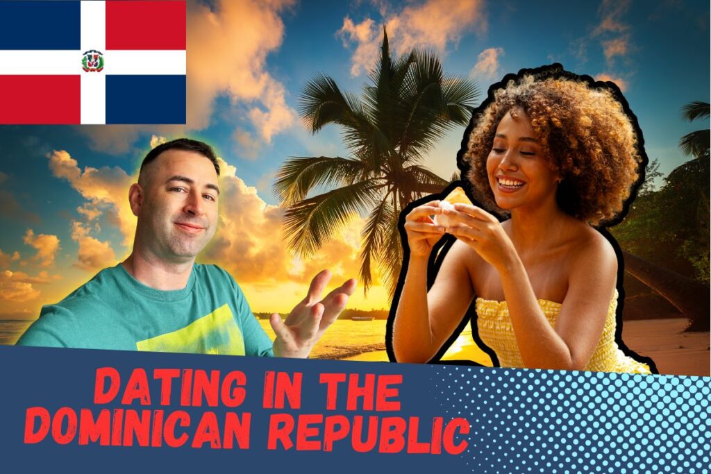 Featured image for guide for dating in the Dominican republic. Dominican flag with, Eric, Dominican woman with beach background.