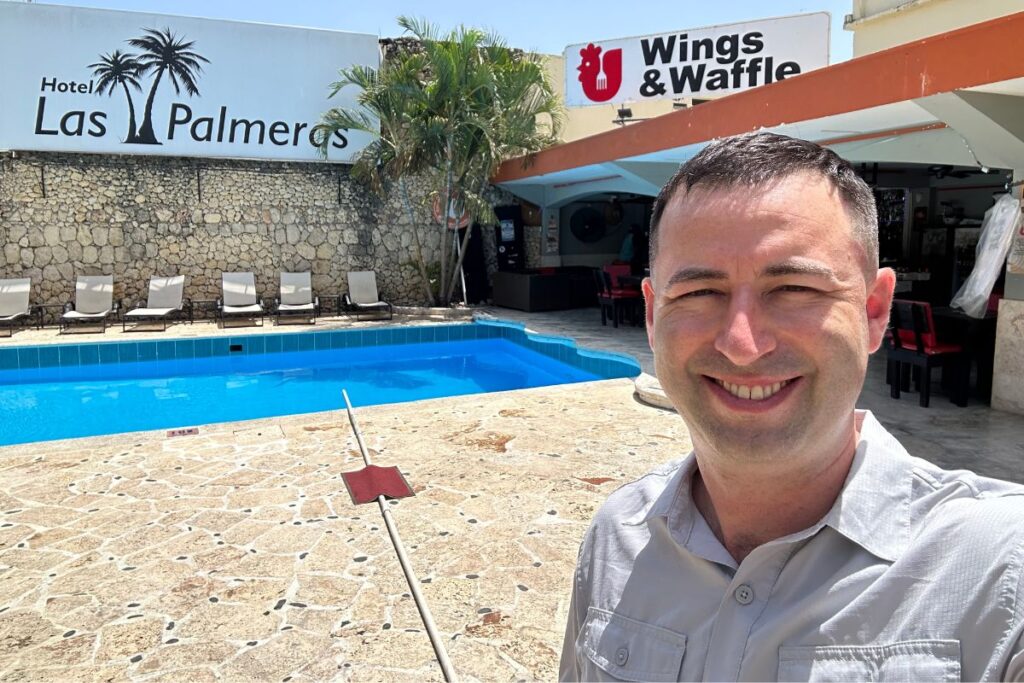 Eric James (me) taking a selfie at my hotel, the Las Palmeras Hotel and Chicken and Waffles restaurant in Sosua, Dominican Republic. 