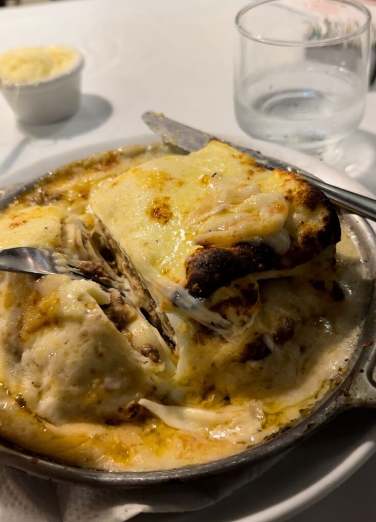 Lasagna at La Trattoria Italian restaurant in Copacabana, Rio de Janeiro, Brazil.