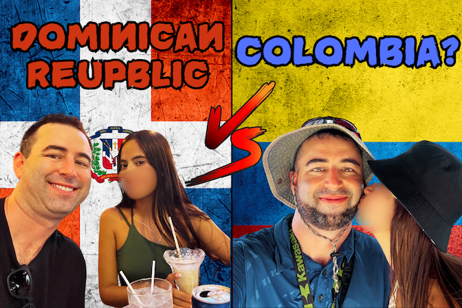 Featured image for blog post comparing Colombia and the Dominican Republic, and which is better for dating and meeting women. Image has Eric James (me) with a Colombian girlfriend and another with a Dominican girlfriend, background of Colombian flag and Dominican flag, with text "Dominican Republic vs Colombia."