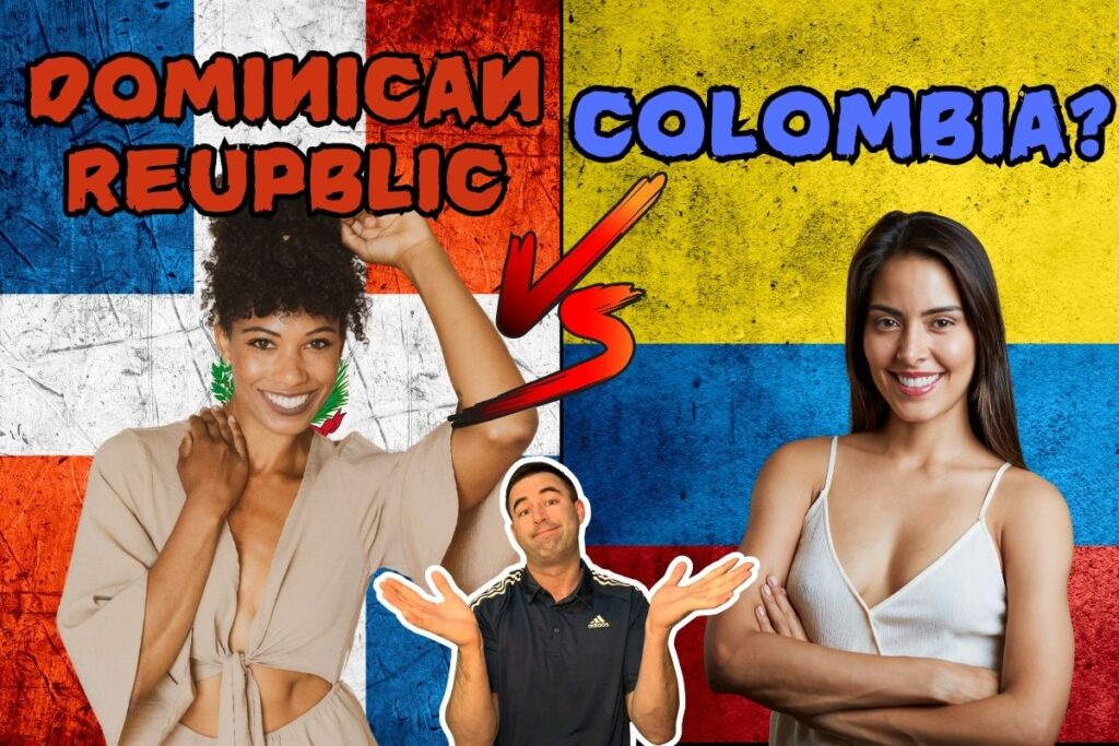Image comparison of dating in Dominican Republic vs Colombia, with woman from both countries.