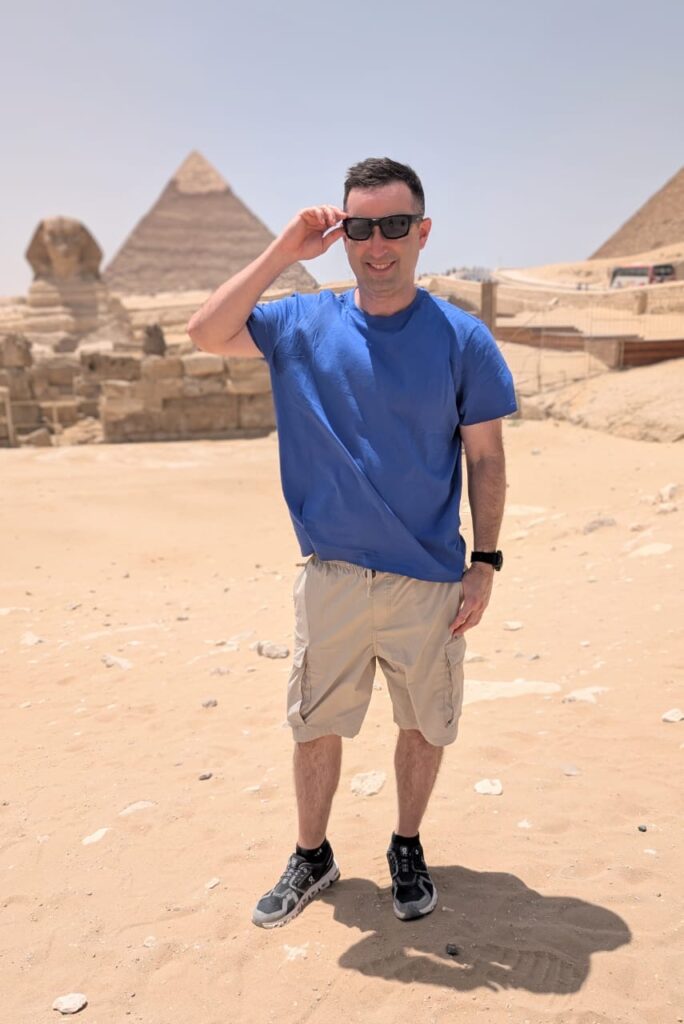 Eric James in Giza, Egypt at the Sphinx and Pyramids.