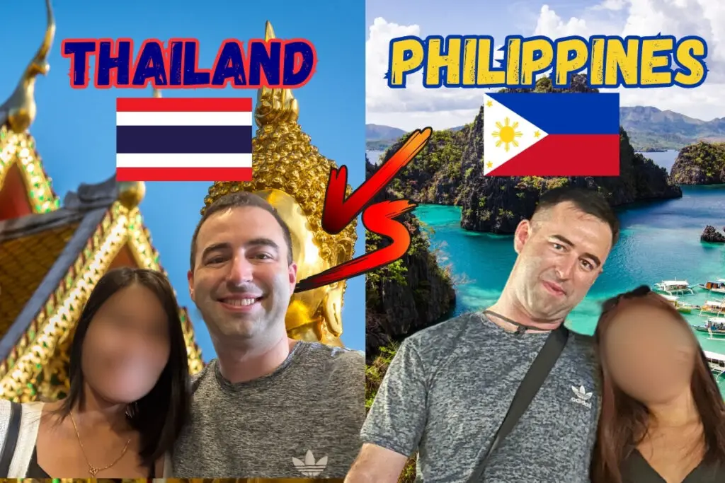 Blog post featured image for article titled: Thailand vs. Philippines: Which Is Best To Date Women? Image has Eric James (me) on a date with Thai women, and me on a date with Filipino woman, with Thai flag, Philippines flag, and text "Thailand vs Philippines."