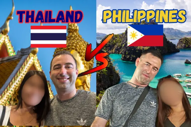 Blog post featured image for article titled: Thailand vs. Philippines: Which Is Best To Date Women? Image has Eric James (me) on a date with Thai women, and me on a date with Filipino woman, with Thai flag, Philippines flag, and text "Thailand vs Philippines."