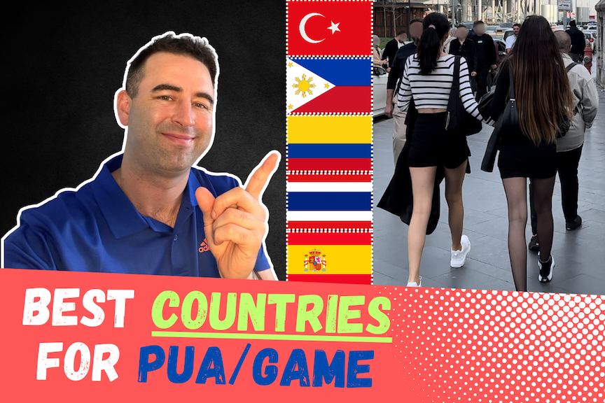 Featured Image for blog post about The Best Countries For PUA/Game, Meeting Women In Public. Image has Eric James (me) pointing to five country flags (Turkey, Philippines, Colombia, Thailand, Spain), with picture of two hot Turkish women walking in Istanbul, and text "Best Countries For PUA/Game."