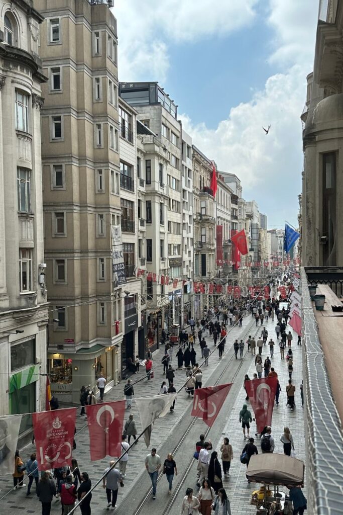 Rooftop view of busy Istiklal street in Istanbul Turkey.