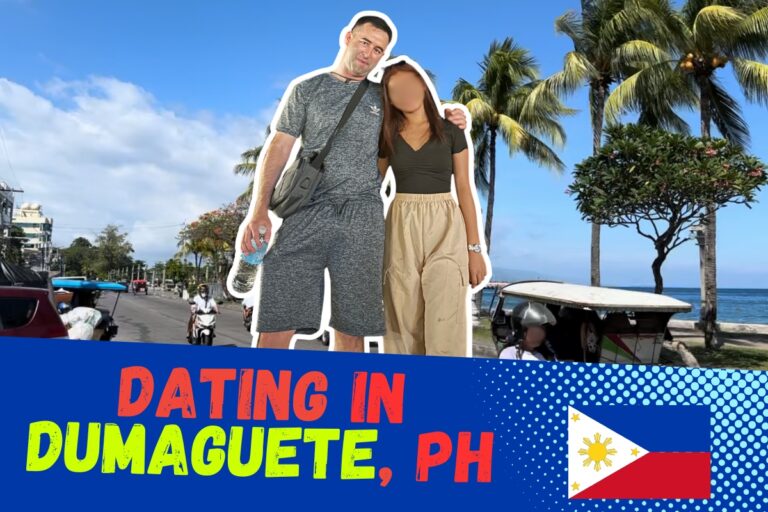 Featured image for blog post: Dating In Dumaguete City, Philippines For Expats. Image has American boyfriend and Filipina girlfriend, background of Dumaguete boulevard, Philippines flag, and text "Dating in Dumaguete, PH."