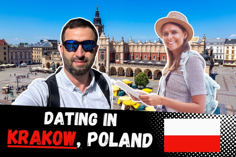 Featured image for dating guide for men visiting Krakow, Poland. Image has Eric James (me), Beautiful Polish woman, background of Rynek Główny in Krakow, flag of Poland, and text "Dating In Krakow, Poland".