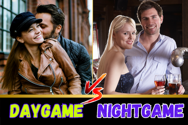 Featured image for blog post about Daygame vs Nightgame, and which is better for meeting women overseas. Image has a couple during the day, a couple during the night, text "Daygame Vs Nightgame".