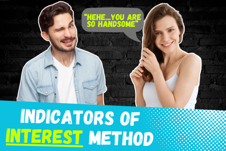 Featured image for blog post on how to identify and use signals/indicators of interest from foreign women. Image has a beautiful woman playing with her hair, a handsome man winking, text bubble "Hehe...you are so handsome", and text "Indicators of Interest Method."