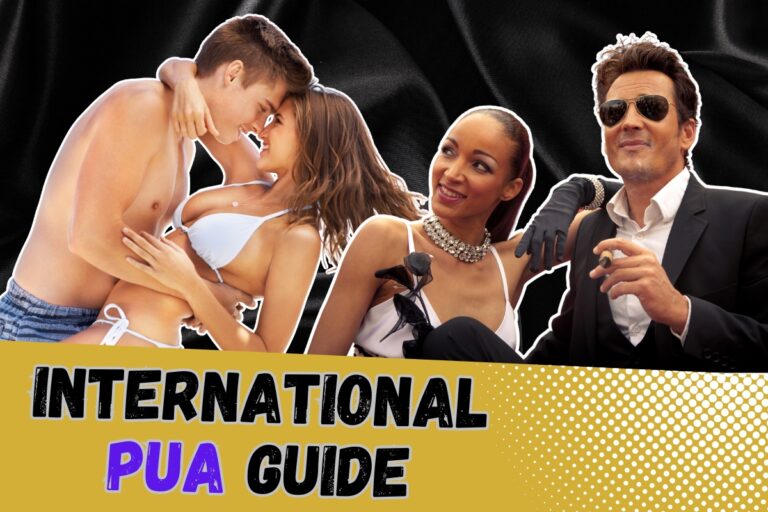 Featured image for blog post: The Ultimate Guide To Be A Pickup Artist (PUA) Overseas. Image has two Western men with beautiful foreign girlfriends, text "International PUA Guide".