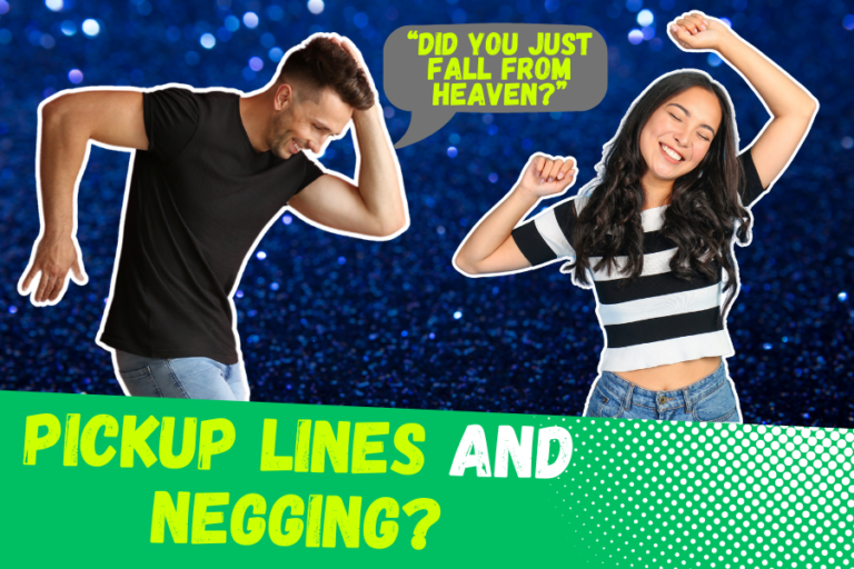 Featured image for blog post about using pickup lines, openers, and negging, for international dating. Image has a woman dancing, a man dancing, word bubble "Did you just fall from heaven?", and text "Pickup Lines and Negging?".