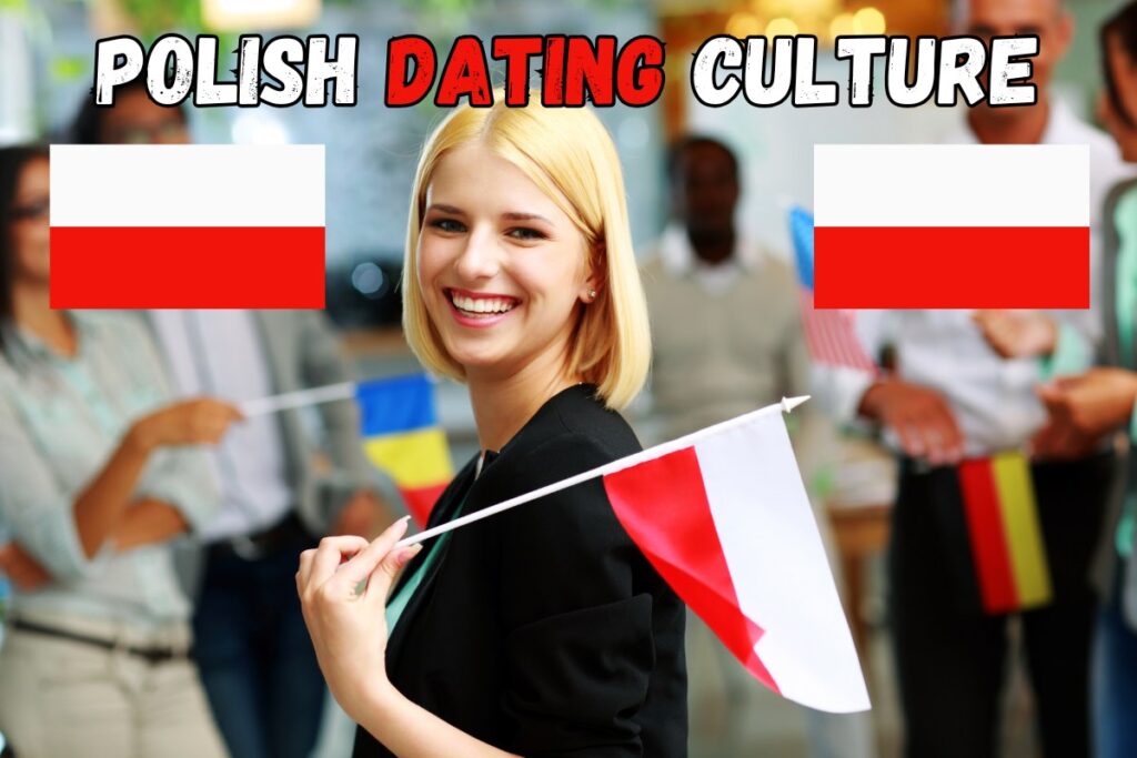 Image for blog post section: Polish Dating Culture. Image of gorgeous Polish woman holding a Polish flag, text "Polish Dating Culture", and two extra flags of Poland.