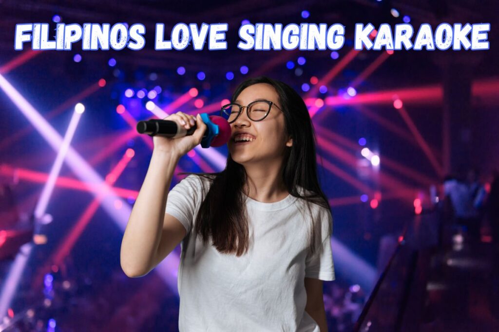 Image signifying the importance of karaoke in Filipino culture. Image has pretty Filipina woman singing karaoke with a light show behind her.