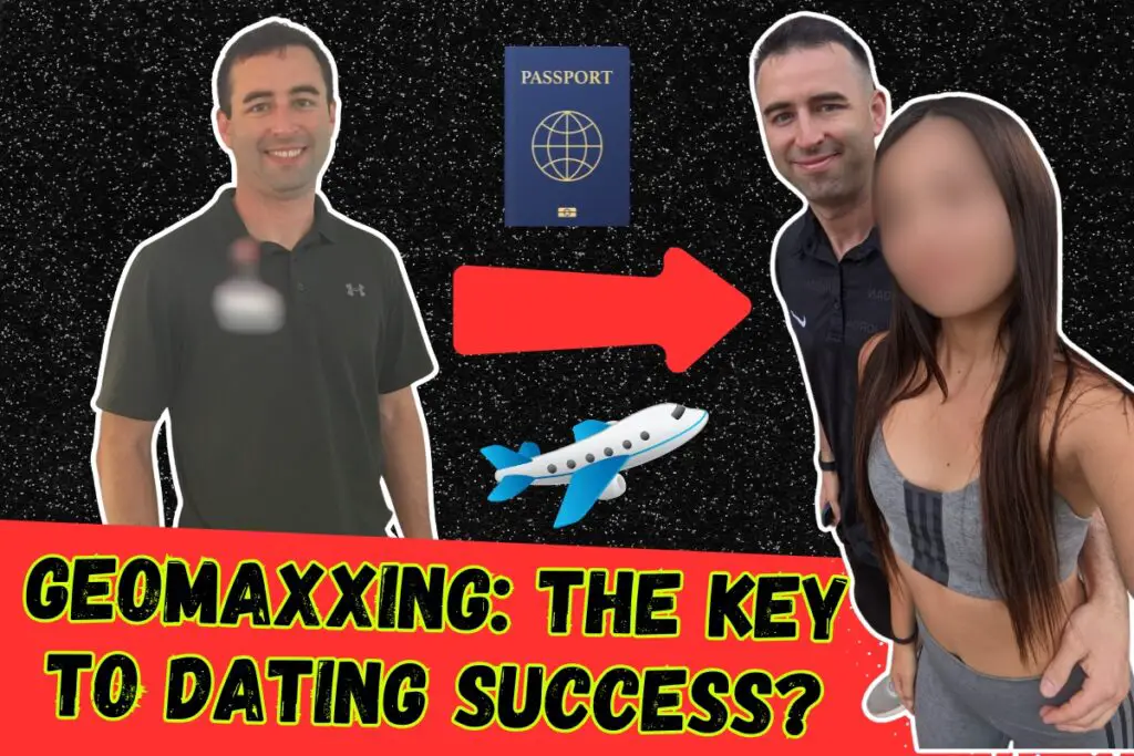 Featured image for blog post about What Is Geomaxxing? How To Geomax, guide for men dating overseas. Image has Eric James in United States, with arrow pointing to Eric James with beautiful Colombian girlfriend, with symbol of passport, symbol of airplane, and text "Geomaxxing: The Key To Dating Success?"