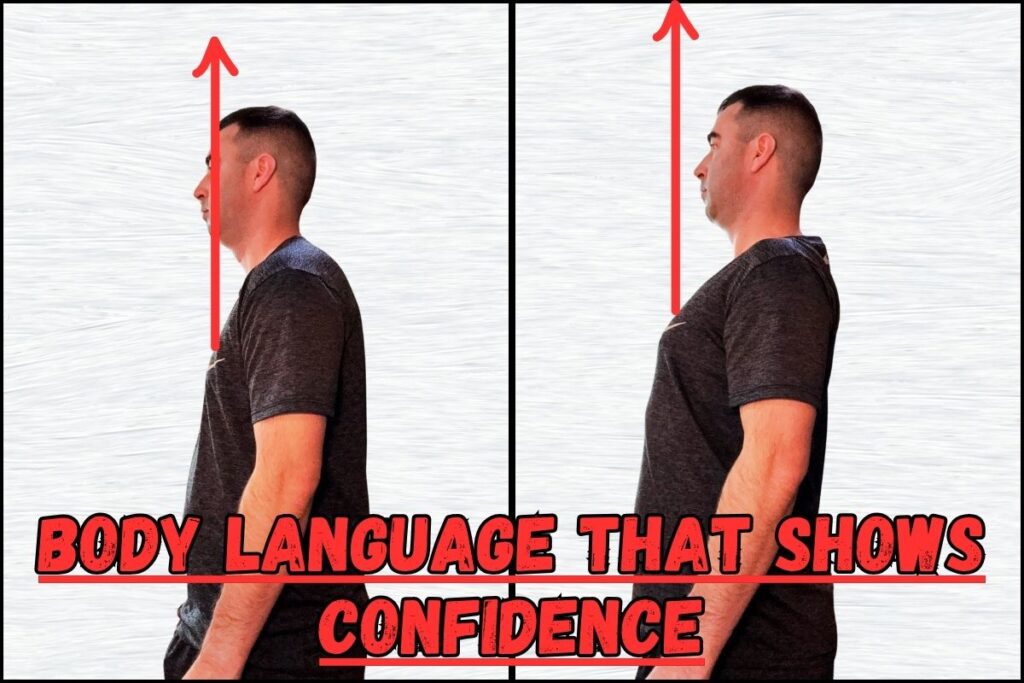 Visual comparison of bad vs. good posture — shoulders slouched on the left, chest up and confident on the right. Red arrows indicate upward lift for good posture.
