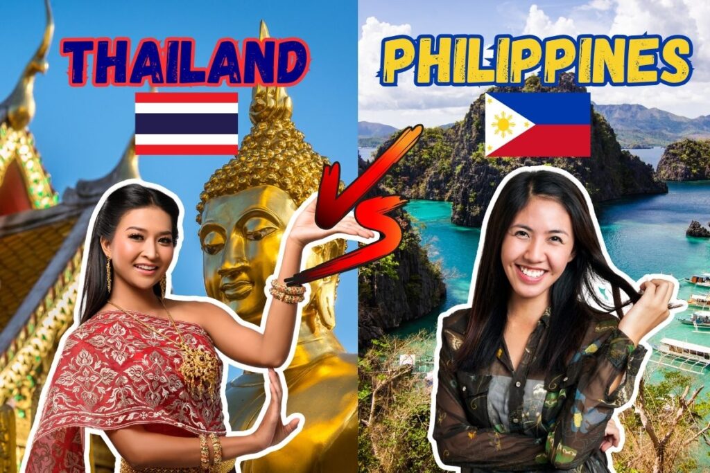 Featured image: side by side comparison of Thailand dating vs Philippines dating, with a thai woman and a filipino woman.