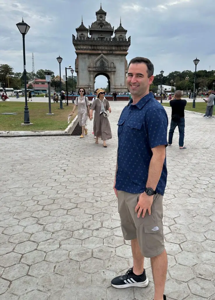 American at the Patuxai monument in Vientiane, Laos.