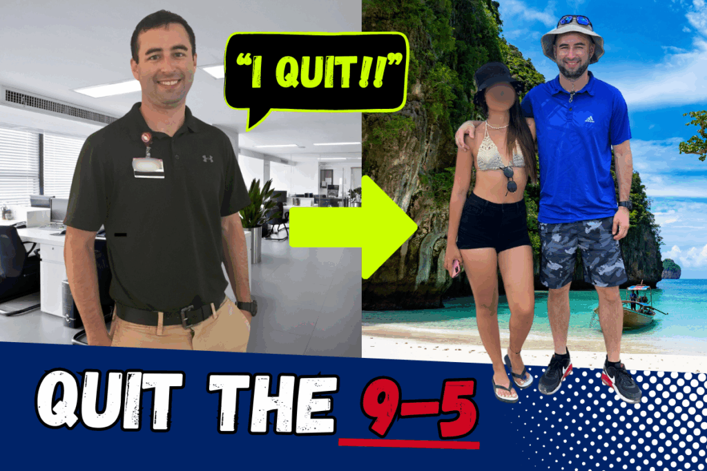 Featured image for blog post titled 5 Easy Steps To Quitting The 9-5 & Live Overseas. Image has me (Eric James) in an office cubicle with an arrow pointing to me on a tropical island with an exotic pretty woman, with text "I Quit" and "Quit The 9-5".