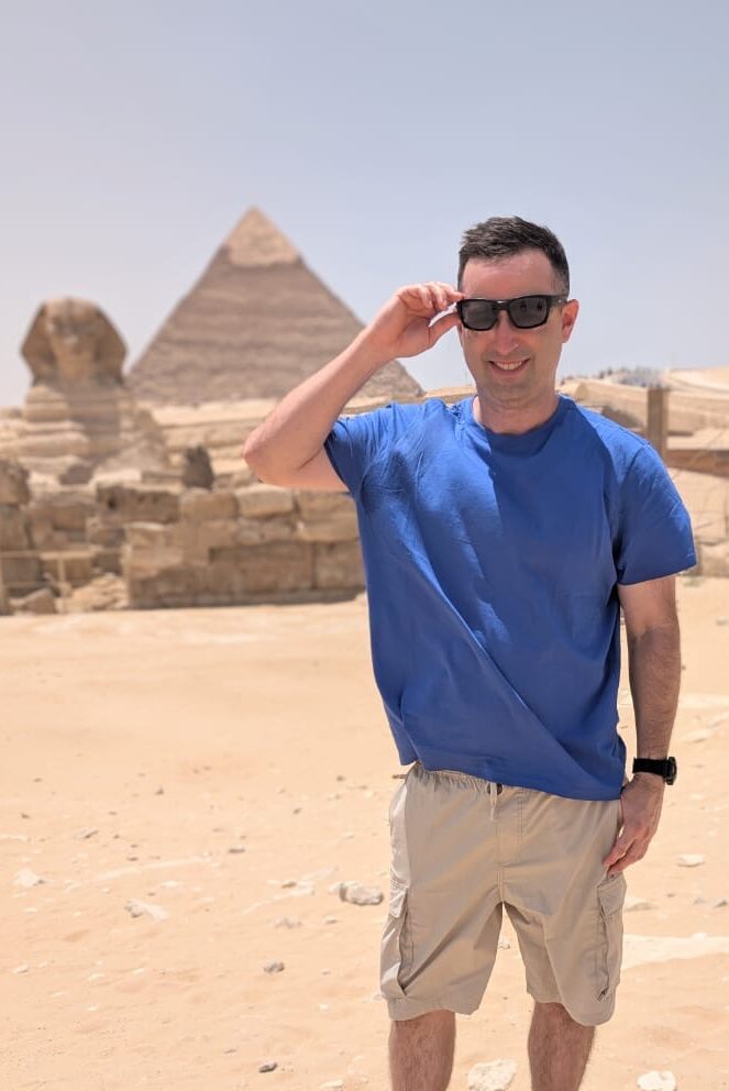 Eric James in Giza, Egypt at the Sphinx and Pyramids.